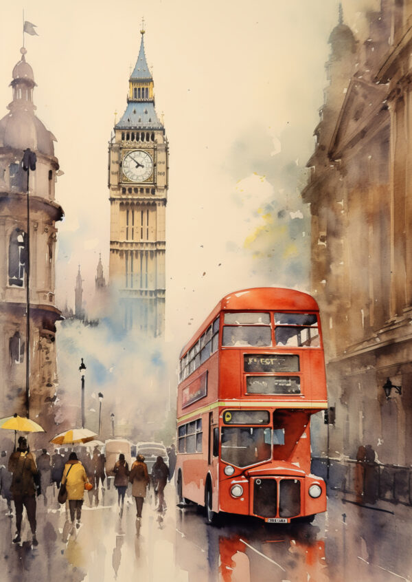 Plakat Czerwony Autobus I Big Ben W Londynie Akwarela - obrazek 2
