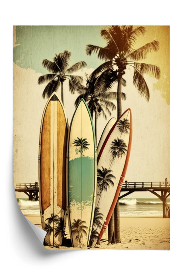 Plakat Deski Surfingowe Na Plaży Oparte O Palmy - obrazek 3