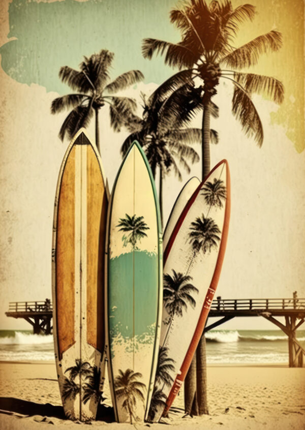 Plakat Deski Surfingowe Na Plaży Oparte O Palmy - obrazek 2