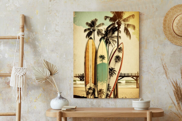 Plakat Deski Surfingowe Na Plaży Oparte O Palmy - obrazek 7