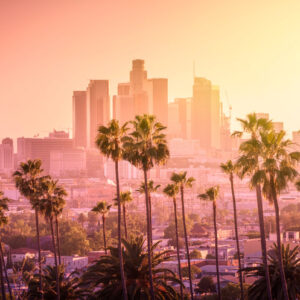 Plakat Panorama Los Angeles Z Palmami I Zachodem Słońca