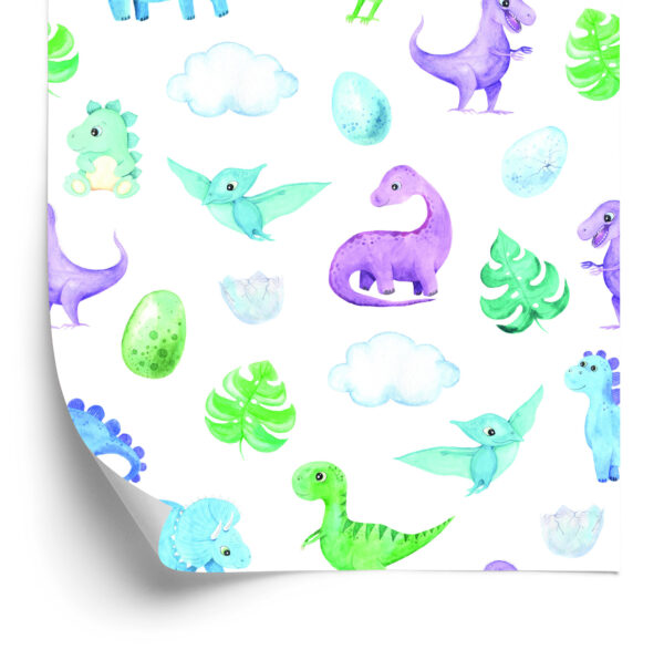 Tapeta Dla Chłopca Dinozaury Liście Chmury - obrazek 4