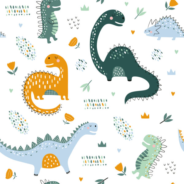Tapeta Do Pokoju Dziecka Dinozaury, Liście, Kwiaty - obrazek 2
