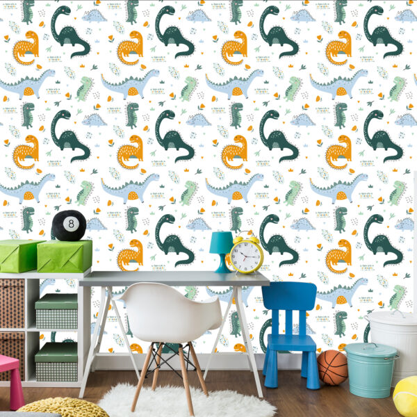 Tapeta Do Pokoju Dziecka Dinozaury, Liście, Kwiaty - obrazek 6