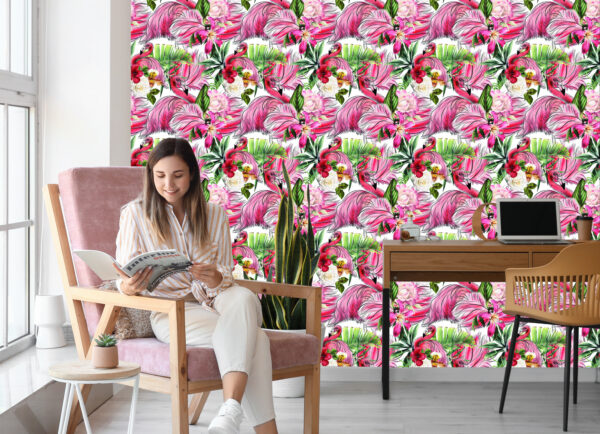 Tapeta Do Salonu, Flamingi, Róże, Kwiaty, Liście - obrazek 9