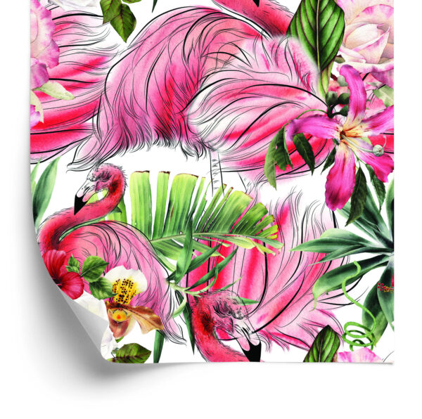 Tapeta Do Salonu, Flamingi, Róże, Kwiaty, Liście - obrazek 4