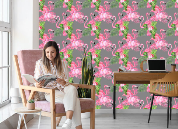 Tapeta Do Salonu, Flamingi, Ptaki, Zieleń, Liście - obrazek 9