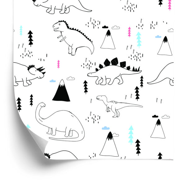 Tapeta Dla Dzieci, Dinozaury, Chmury, Góry, Drzewa - obrazek 4