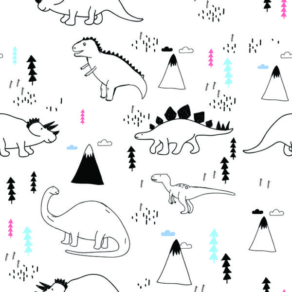 Tapeta Dla Dzieci, Dinozaury, Chmury, Góry, Drzewa