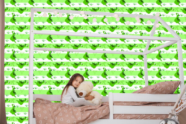 Tapeta Dla Dzieci - Dinozaury Na Tle Zielono - Białych Pasków - obrazek 9